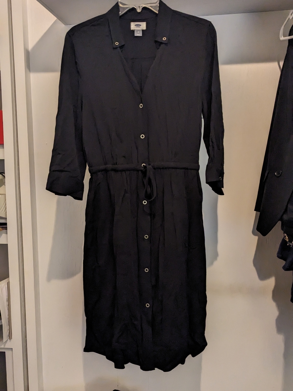 Old Navy Black Midi Shirt Dress with Tie Waist Classic Staple Officecore